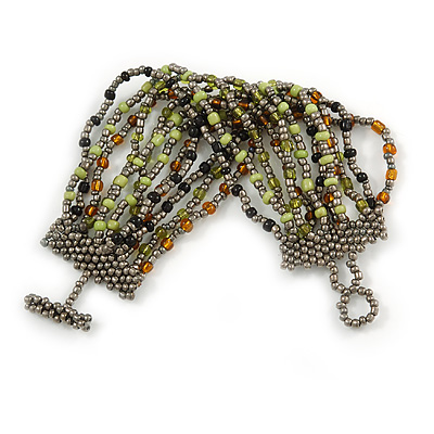 Handmade Multistrand Glass Bead Bracelet with Loop and Bar Closure (Grey, Black, Green, Brown) - 17cm L