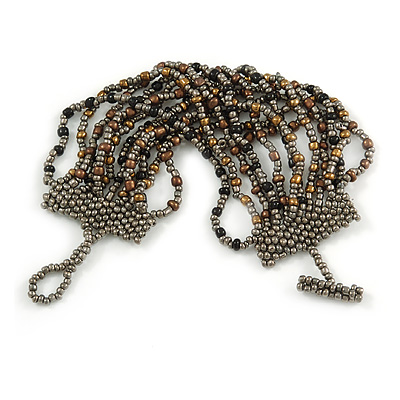 Handmade Multistrand Glass Bead Bracelet with Loop and Bar Closure (Grey, Black, Bronze) - 17cm L