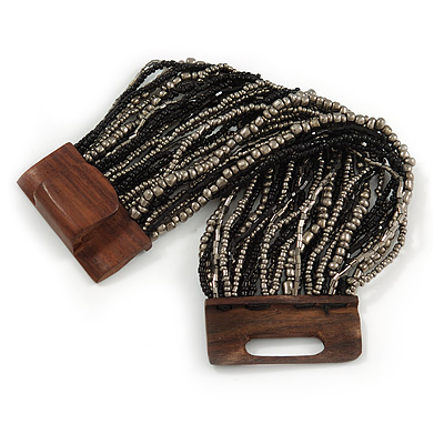 Black/ Grey Glass Bead Multistrand Flex Bracelet With Wooden Closure - 19cm L