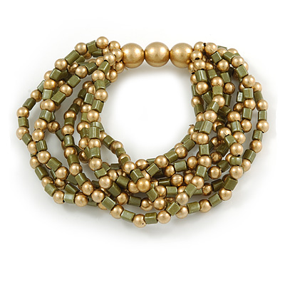 Olive Green/ Gold Acrylic Bead Multistrand Flex Bracelet - 16cm L (Small)
