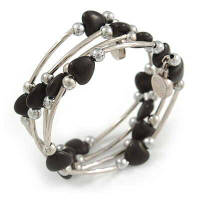 Multistrand Black Acrylic Heart Bead Coiled Flex Bracelet In Silver Tone - Adjustable - main view