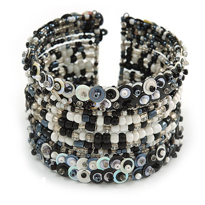 Bohemian Beaded Cuff Bangle with Sequin (Black/ White/ Peacock) - Adjustable - main view