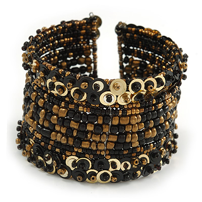 Bohemian Beaded Cuff Bangle with Sequin (Black/ Bronze/ Gold) - Adjustable - main view