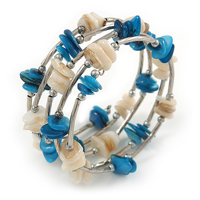 Blue/ Natural Shell Nugget Multistrand Coiled Flex Bracelet in Silver Tone - Adjustable
