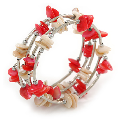 Red/ Natural Shell Nugget Multistrand Coiled Flex Bracelet in Silver Tone - Adjustable - main view
