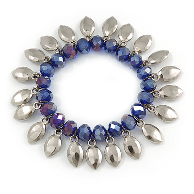 Blue Glass Bead Silver Tone Charm Flex Bracelet - 17cm L