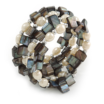 Stylish Faux Pearl, Sea Shell Nugget Flex Coiled Bracelet (Cream, Dark Grey) - Adjustable - main view
