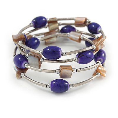 Purple Ceramic Bead with Natural Sea Shell Coiled Flex Bracelet In Silver Tone - Adjustable - main view