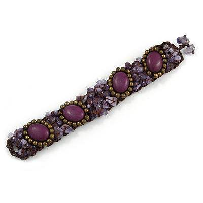 Small Handmade Semiprecious Stone, Ceramic Stone Woven Bracelet - 15cm Long (Brown, Bronze, Purple, Amethyst)