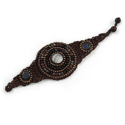 Handmade Bronze/ Black Bead, Shell Brown Cotton Cord Bracelet - For Small Wrists - 15cm Long