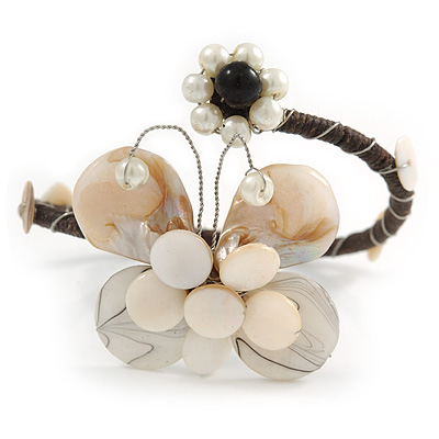 Off White Sea Shell Bead Butterfly Silver Wire Flex Cuff Bracelet - Adjustable - main view