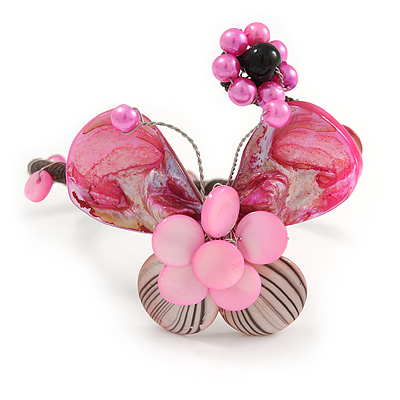 Pink Sea Shell Bead Butterfly Silver Wire Flex Cuff Bracelet - Adjustable
