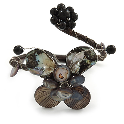 Black/ Dark Grey Sea Shell Bead Butterfly Silver Wire Flex Cuff Bracelet - Adjustable