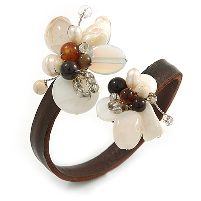 Semiprecious Stone Floral Silver Tone Wire Brown Leather Flex Bracelet (Brown, White) - Adjustable - main view