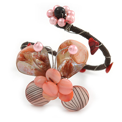 Pastel Pink Sea Shell Bead Butterfly Silver Wire Flex Cuff Bracelet - Adjustable