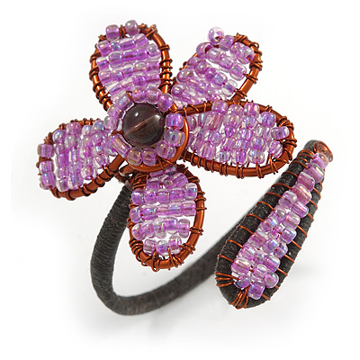 Pink Lilac Glass Bead Flower Copper Wire Flex Cuff Bracelet - Adjustable