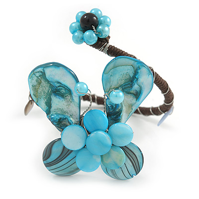 Light Blue Sea Shell Bead Butterfly Silver Wire Flex Cuff Bracelet - Adjustable
