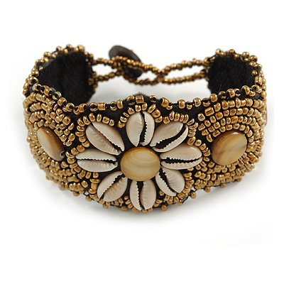 Handmade Boho Style Beaded, Shell Wristband Bracelet (Bronze, Cream) - 15cm L/ 2cm Ext - Small - main view
