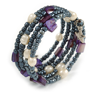 Multistrand Glass, Shell, Faux Pearl Bead Flex Bracelet (Hematite, Purple, Off White) - 17cm L