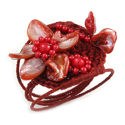 Red Shell Bead Flower Wired Flex Bracelet - Adjustable - main view