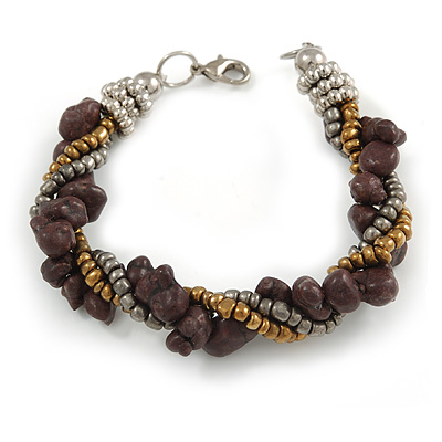 Grey/ Bronze/ Purple Glass Bead and Semiprecious Stone Twisted Strand Bracelet - 19cm L