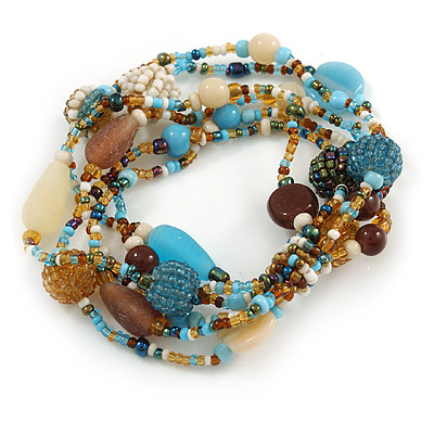 Multistrand Glass, Ceramic and Resin Beads Flex Bracelet (Light Blue, Brown, Beige) - 17cm L