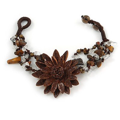 Handmade Leather Flower Semiprecious Bead Cotton Cord Bracelet (Brown) - 15cm L - for smaller wrists - main view
