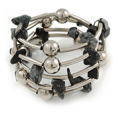 Black/ Grey Semiprecious Stone with Silver Tone Mirrored Metal Ball Coiled Flex Bracelet - Adjustable