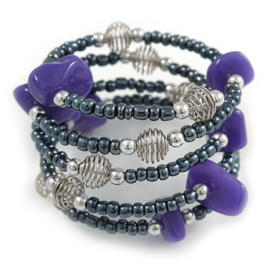 Grey Glass Bead Purple Glass Nugget Multistrand Coiled Flex Bracelet - Adjustable