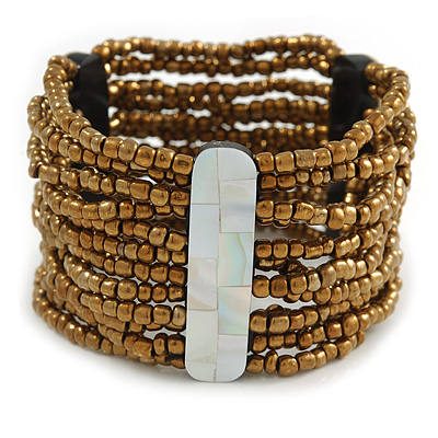 Wide Multistrand Gold Bronze Glass Beaded Flex Bracelet With Mother Of Pearl Bars - 22cm L (Large)