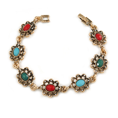 Vintage Inspired Turkish Style Crystal, Acrylic Bracelet In Aged Gold Tone (Green, Light Blue, Red) - 17cm L