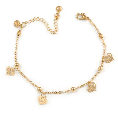Ankle Chain/ Anklet/ Beach Anklet Foot Jewellery with Heart Charms for Women Girl In Gold Tone Metal - 19cm L/ 6cm Ext