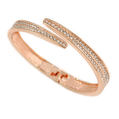 Stylish Clear Crystal Geometric Hinged Bangle Bracelet In Rose Gold Tone - 19cm L