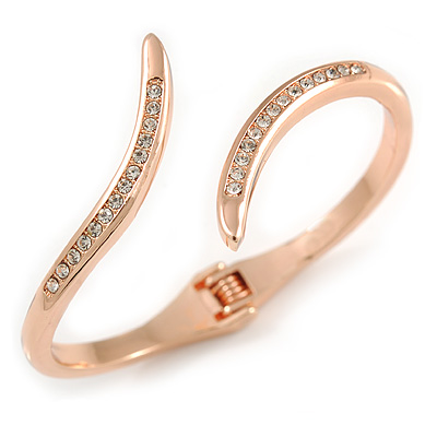 Rose Gold Tone Clear Crystal 'Parallel Paths' Hinged Bangle Bracelet - 19cm L