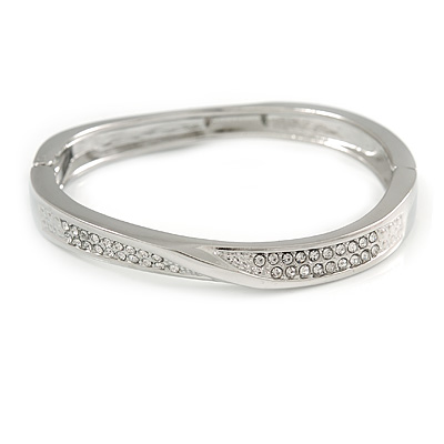 Silver Plated Clear Crystal 'Twist' Hinged Bangle Bracelet - 19cm L
