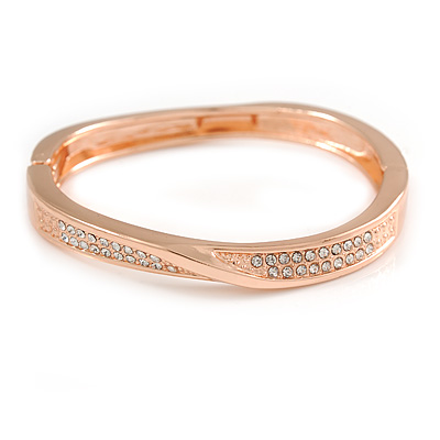 Rose Gold Tone Clear Crystal 'Twist' Hinged Bangle Bracelet - 19cm L