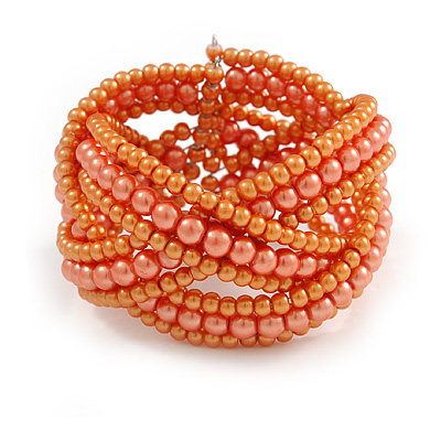 Orange Peach Glass Bead Plaited Flex Cuff Bracelet - Adjustable