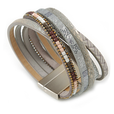 Stylish Grey Faux Leather with Bead Detailing Magnetic Bracelet In Matt Silver Finish - 18cm L - main view