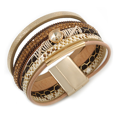 Stylish Gold, Brown, Snake Print Faux Leather with Crystal Detailing Magnetic Bracelet In Matt Gold Finish - 18cm L