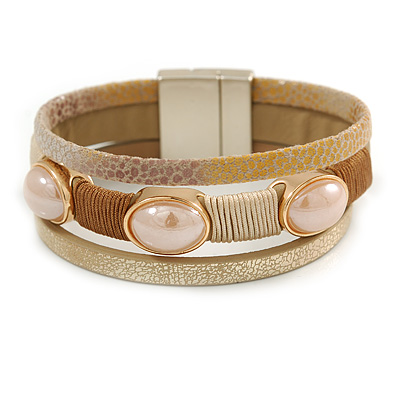 Stylish Gold Caramel Faux Leather with Glass Bead Detailing Magnetic Bracelet In Matt Gold Finish - 18cm L