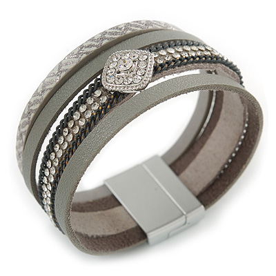 Stylish Grey Textured Faux Leather with Crystal Detailing Magnetic Bracelet In Silver Finish - 18cm L - main view