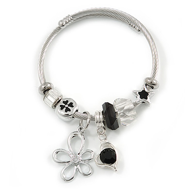 Fancy Charm (Flower, Star, Heart, Crystal Beads) Flex Twisted Cable Cuff Bracelet In Silver Tone Metal - Adjustable - 17cm L - main view