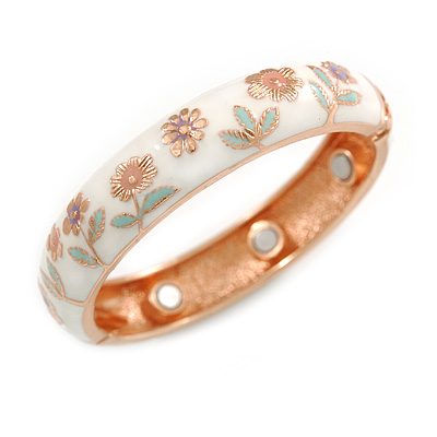 White Enamel Floral Copper Magnetic Hinged Bangle Bracelet with Six Magnets - 19cm L