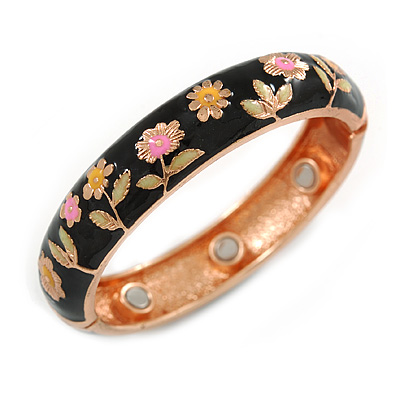 Black Enamel Floral Copper Magnetic Hinged Bangle Bracelet with Six Magnets - 19cm L