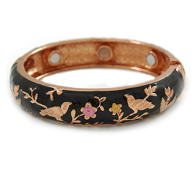 Black Enamel Bird and Flower Copper Magnetic Hinged Bangle Bracelet with Six Magnets - 19cm L