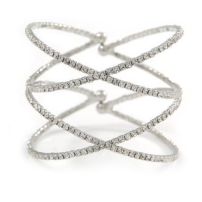 Statement Silver Tone Clear Crystal Double Cross Motif Flex Cuff Bracelet - Adjustable