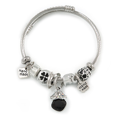 Fancy Charm (Elephant, Crystal Beads) Flex Twisted Cable Cuff Bracelet In Silver Tone Metal - Adjustable - 17cm L