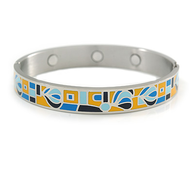 Yellow/ Blue Geometric Pattern Stainless Steel Magnetic Bangle Bracelet with Six Magnets - 18cm L