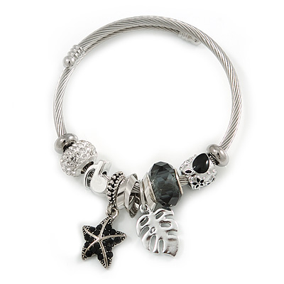 Fancy Charm (Starfish, Leaf, Musical Note, Crystal Beads) Flex Twisted Cable Cuff Bracelet In Silver Tone Metal - Adjustable - 17cm L