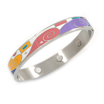 Multicoloured Geometric Pattern Stainless Steel Magnetic Bangle Bracelet with Six Magnets - 18cm L